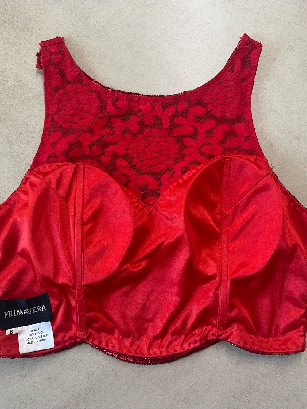 Primavera Couture Vibrant Red Sequin Beaded Two-Piece Mini Dress Crop Top Size 8 - Picture 12 of 16